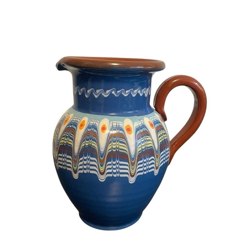 World Traveler Bulgarian Troyan Pottery Blue Drip Glaze Pitcher Handmade Jug